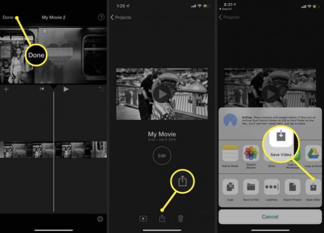 iOS iMovie ceļš uz opciju Saglabāt video