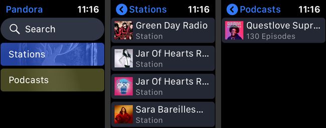 新しいインターフェースを示す3つのPandoraAppleWatchアプリ画面