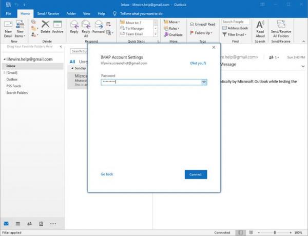 „Outlook 2016“ IMAP paskyros nustatymų slaptažodžio laukas