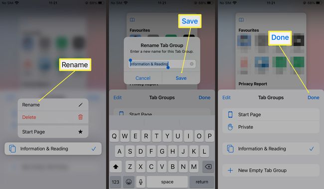 Необходими стъпки за преименуване на групата раздели в Safari на iOS 15
