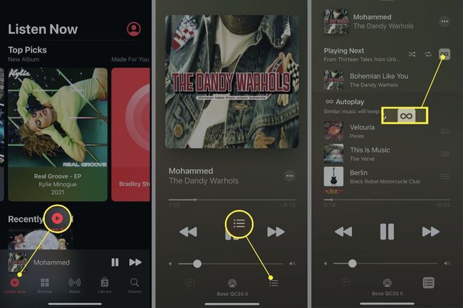 Stänger av inställningarna för automatisk uppspelning i Apple Music-appen på iPhone.