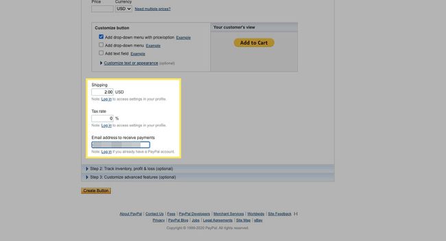 Geben Sie die Versandkosten, den Steuersatz und die E-Mail-Adresse Ihres PayPal-Kontos ein.