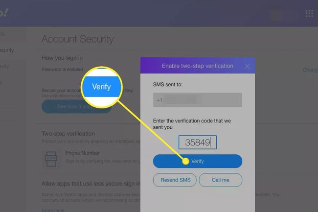 Botão de verificação de dois fatores do Yahoo Mail