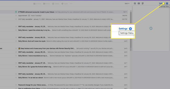 Menu de configurações no Yahoo Mail
