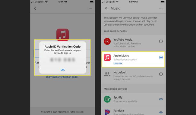 Poslední kroky přidání Apple Music do vaší aplikace Google Home na iOS se zvýrazněným polem Ověřovací kód a propojeným potvrzením