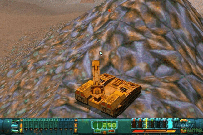 Futurisztikus tank toronnyal egy dombon, kietlen tájon. .