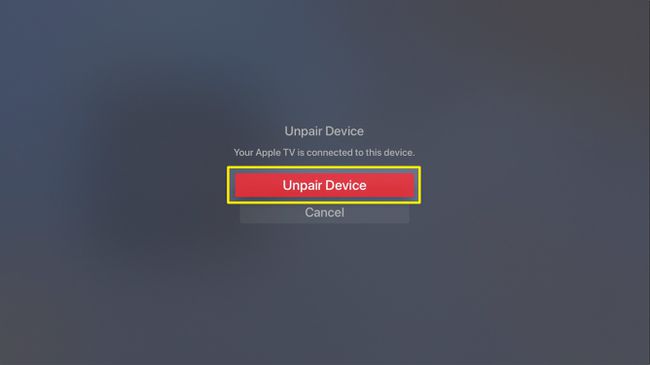 สกรีนช็อตของการยืนยันอุปกรณ์ Bluetooth ของ Apple TV ยกเลิกการเชื่อมต่อ