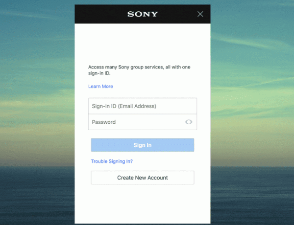 A tela de login da conta Sony no navegador da Web Chrome