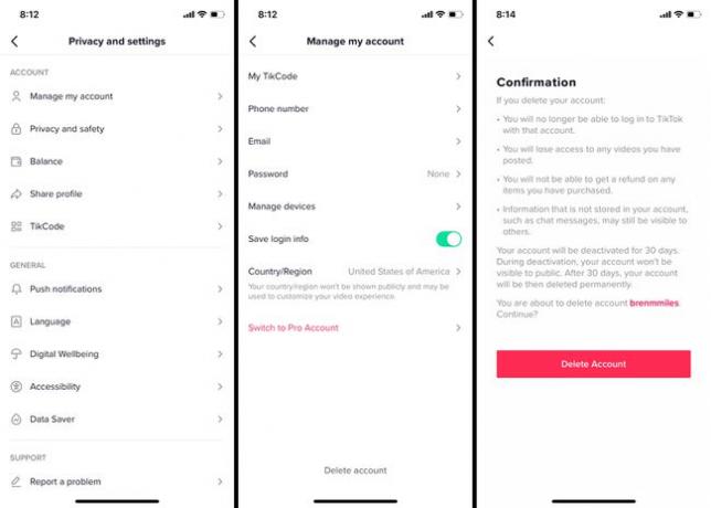 Skärmdumpar som visar hur man tar bort ett TikTok-konto.