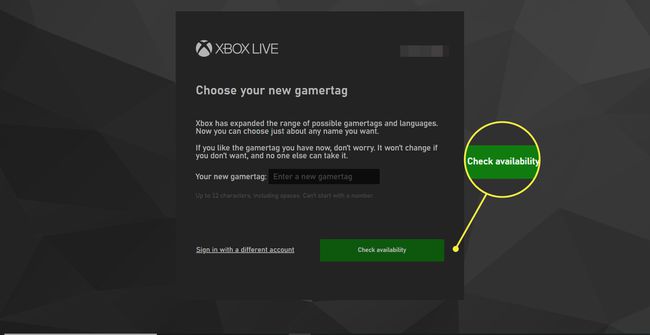 Xboxユーザーがゲーマータグを変更しようとします。 [可用性の確認]オプションが強調表示されます。