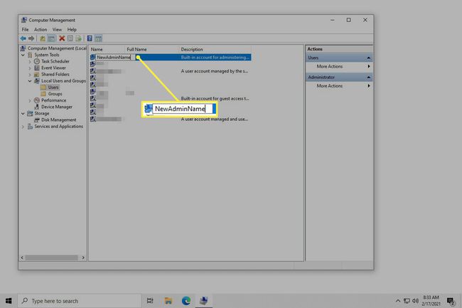 Computerverwaltung in Windows 10 mit einem neuen eingegebenen Administratorkontonamen