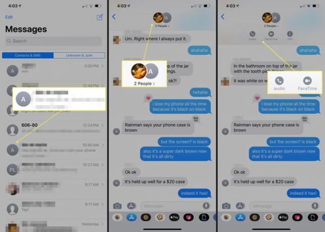 Un iPhone che mostra come avviare una chiamata FaceTime tramite l'app Messaggi