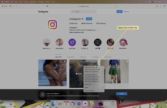 이미지를 마우스 오른쪽 버튼으로 클릭하고 새 탭에서 링크 열기가 강조 표시된 Instagram 프로필.