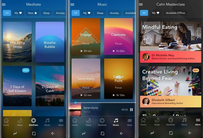 Drei Screenshots der Calm-App.