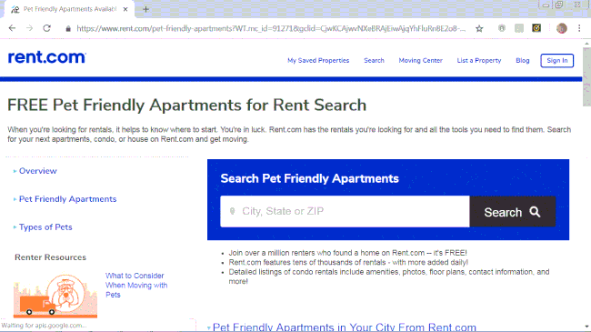 Rent.com 아파트 찾기 웹사이트의 스크린샷.
