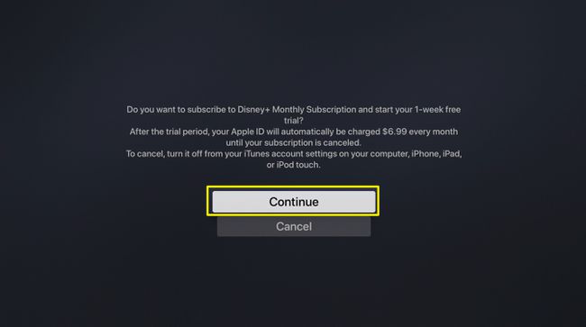Snimka zaslona potvrde Disney+ pretplate na Apple TV-u
