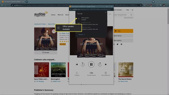 Office'i kõlar (saadaval) on Audible'i veebipleieri Chrome'i ülekande seadetes esile tõstetud.