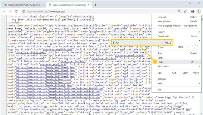 Kod źródłowy strony głównej NPR.org pokazujący, jak znaleźć tekst na stronie internetowej