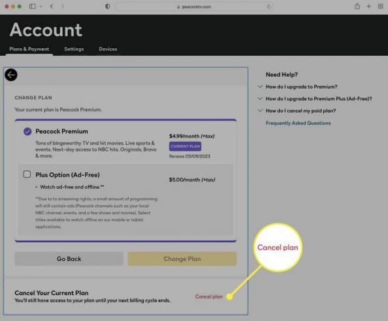 Web 上の Peacock のアカウント ページの [プランの変更] セクションにある [プランのキャンセル] リンク。