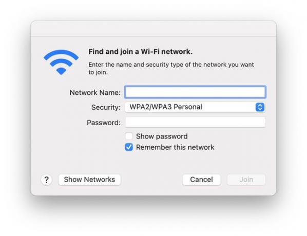 Cuadro de diálogo Unirse a una red Wi-Fi de MacOS.