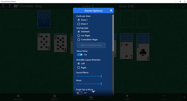 Екранна снимка на опциите за игра в MS Solitaire