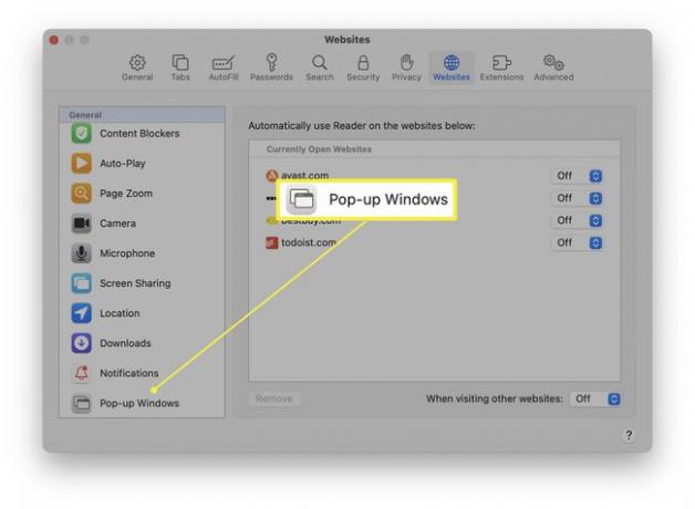 Safari مع خيارات مواقع الويب مفتوحة ويتم تمييز النوافذ المنبثقة.
