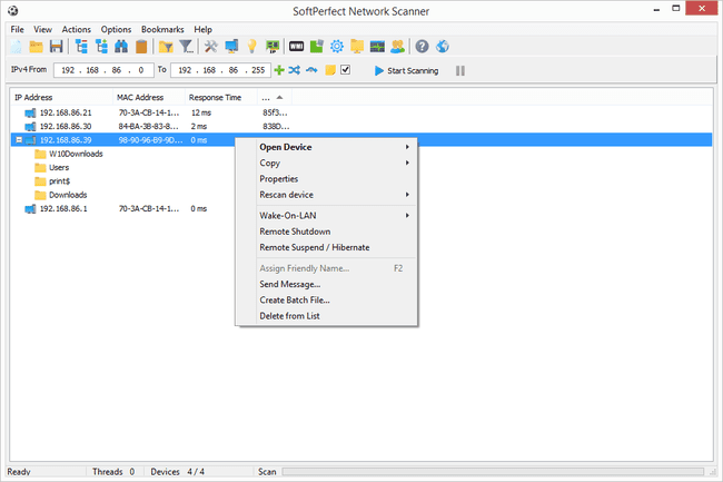 Geräteliste des SoftPerfect Network Scanners