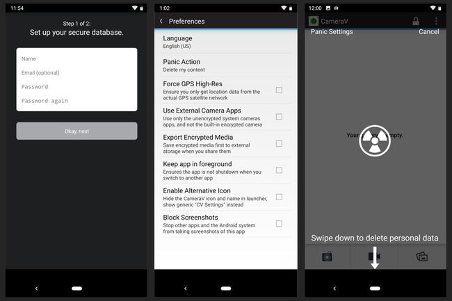 CameraV: (balra) Beállítás, amely bekéri a nevet, az e-mail címet és a jelszót, (középen) a Beállítások, amely lehetővé teszi CSAK a beépített titkosított kamerát használja, (jobbra) Pánik mód, amely felszólítja a lefelé húzást a személyes adatok törléséhez adat.
