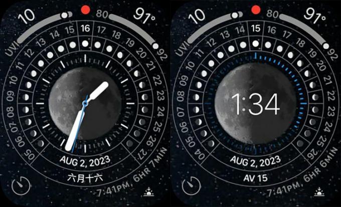 Mēness pulksteņa ciparnīca Apple Watch.