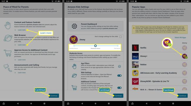 Få mere at vide, moderat adgang, og flueben på børneprofilen i Amazon Kids-appen