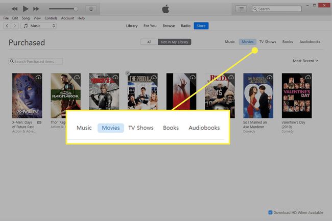 Una captura de pantalla de iTunes con las categorías de medios resaltadas