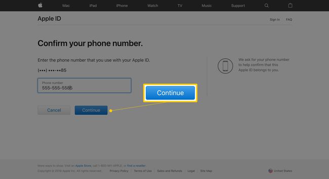 Potvrďte obrazovku telefonního čísla na webu Forgot Apple ID