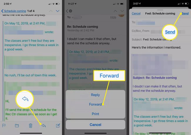 iOS Mail mostrando botão Encaminhar, confirmação Encaminhar e botão Enviar