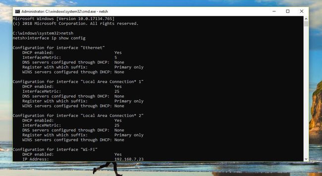 Windows 10'da netsh interface ip show config komut sonuçları