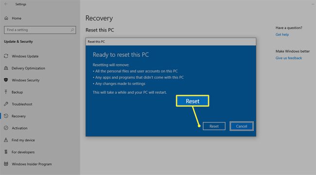 Tilbakestill-knapp for å tilbakestille en PC som kjører på Windows 10