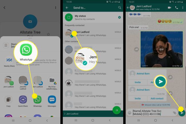 Екранни снимки на изпращане на контакт за Android в WhatsApp.