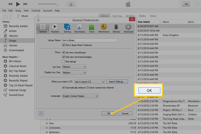OK-knop in het venster Algemene voorkeuren van iTunes