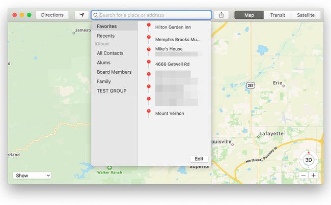 MacMapsアプリの[お気に入り]ドロップダウン画面