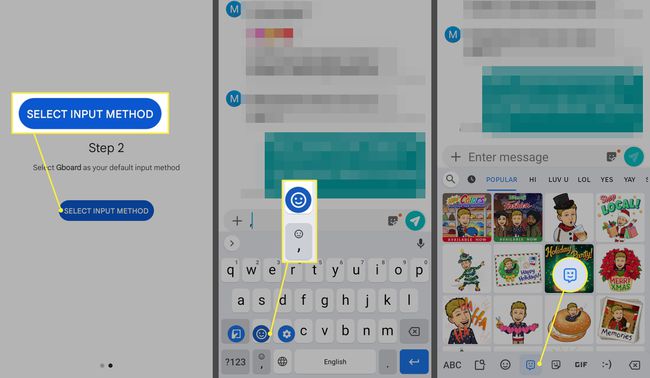 Selectați metoda de introducere în aplicația GBoard, virgulă + tasta Smiley și pictograma Smiley și pictograma Bitmoji pe tastatura Samsung