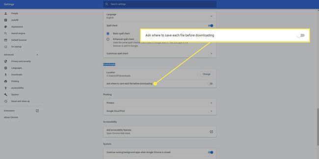 Una captura de pantalla de la configuración de descarga de Chrome con la opción " Preguntar dónde guardar" resaltada