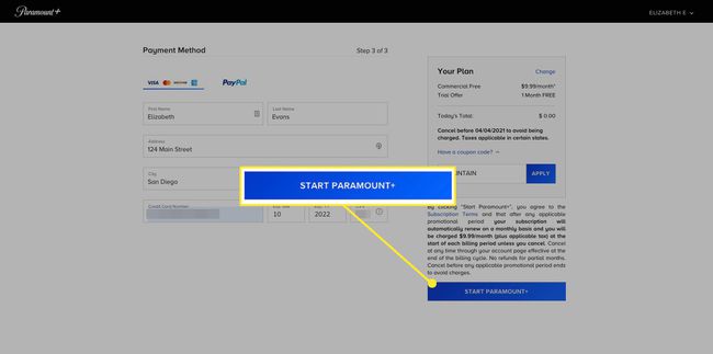 หน้าข้อมูลการเรียกเก็บเงินโดยเน้นที่ Start Paramount+