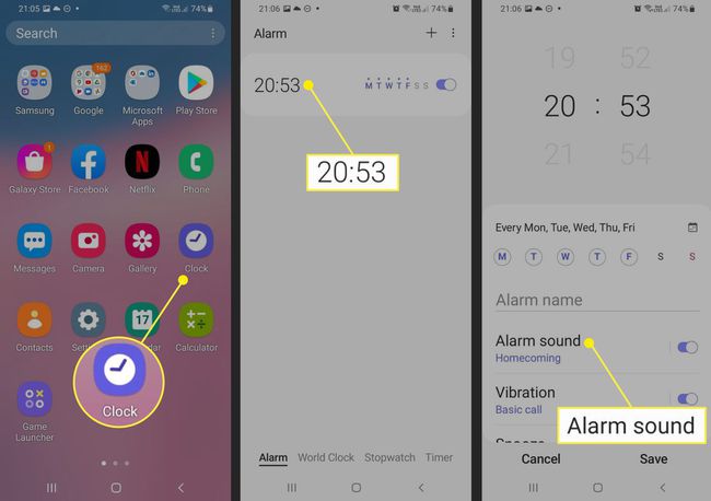 Android携帯の時計アプリで目覚ましを選択する