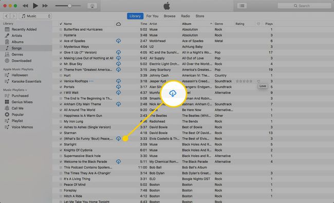 iTunes bibliotēka ar izceltu mākoņa ikonu