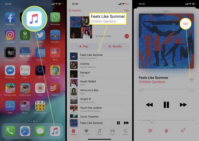 曲のアイコンが強調表示されたiPhoneの音楽アプリ