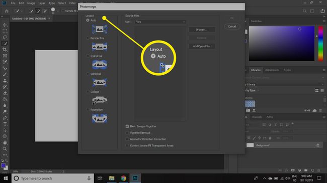 Wählen Sie auf der linken Seite des Photomerge-Dialogs ein Layout aus.