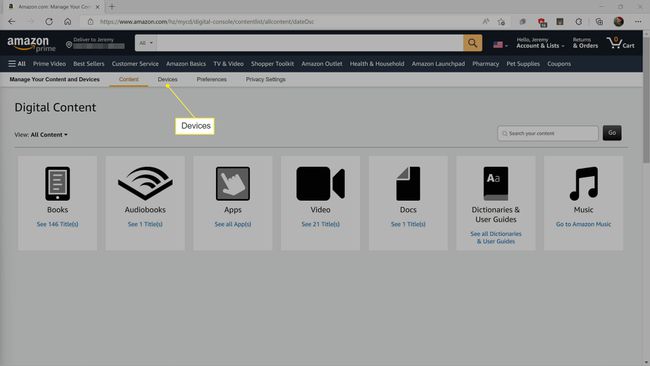 Amazon 콘텐츠 및 장치 화면에서 강조 표시된 장치