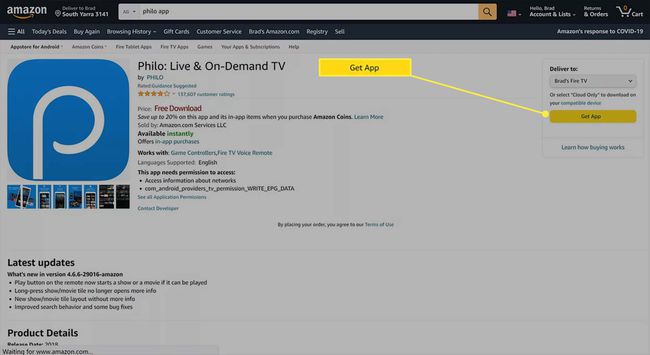 Butonul Obțineți aplicația evidențiat pe pagina aplicației Philo de pe Amazon.