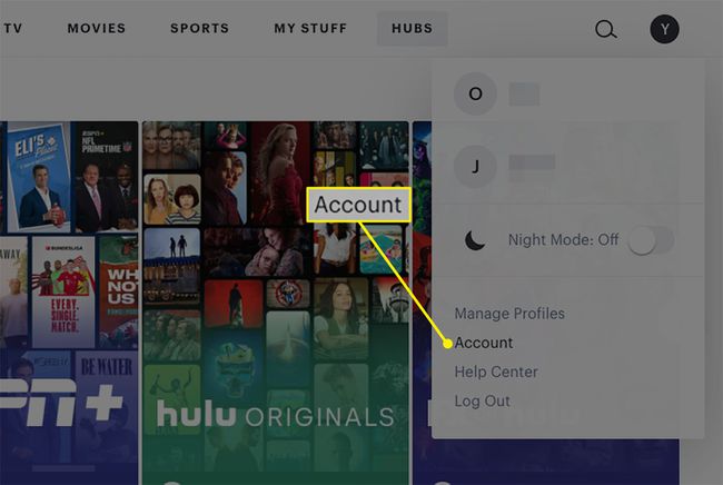 デスクトップのHuluユーザードロップダウンメニューから強調表示されたアカウント。