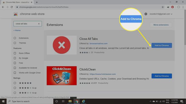 Seleccione Agregar a Chrome junto a la extensión Cerrar todas las pestañas.