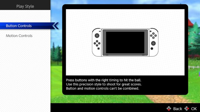 Controles de botão destacados em Mario Golf no Switch.